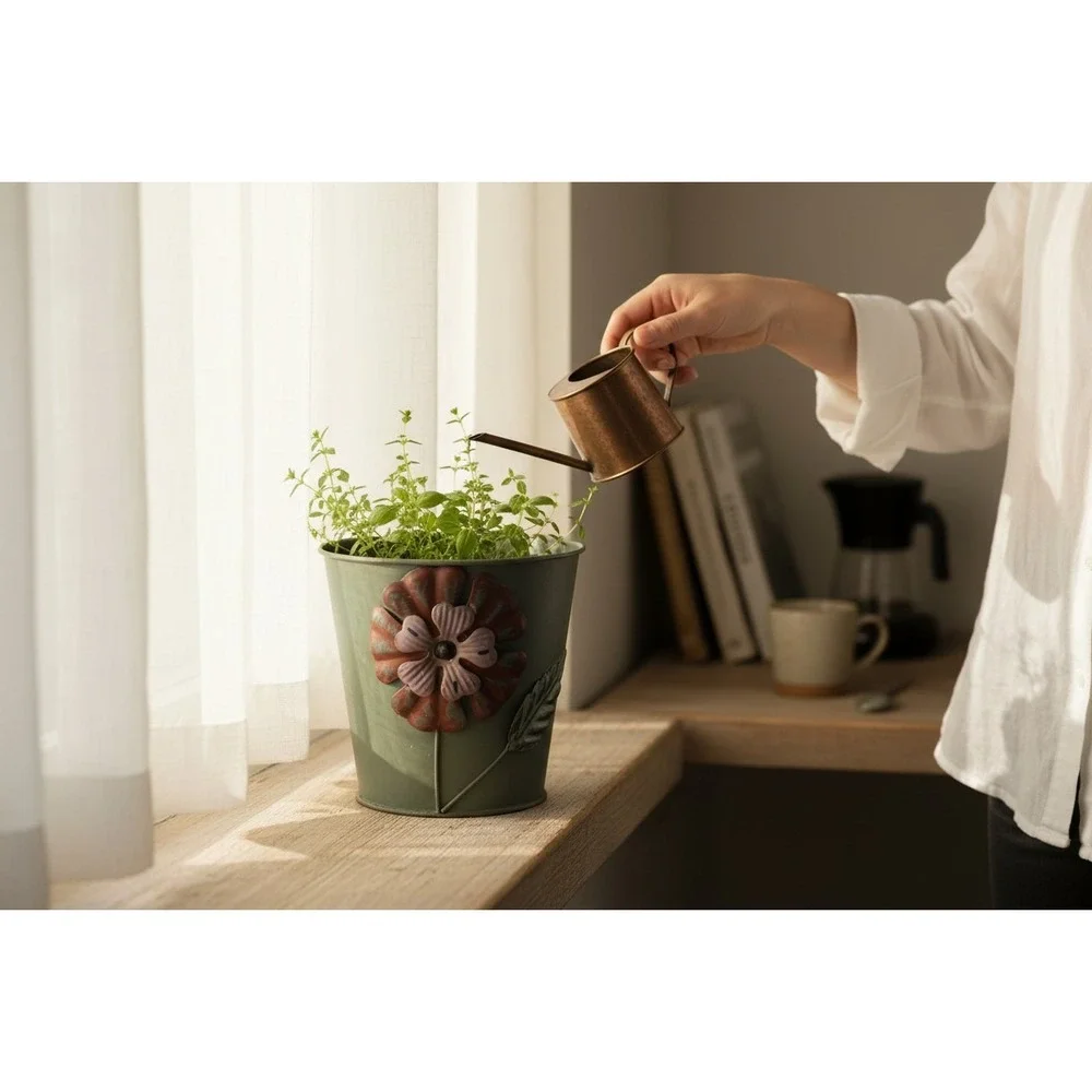 Metal Flower Planter Bucket OS Green Good Rustic 3D Floral Embossed